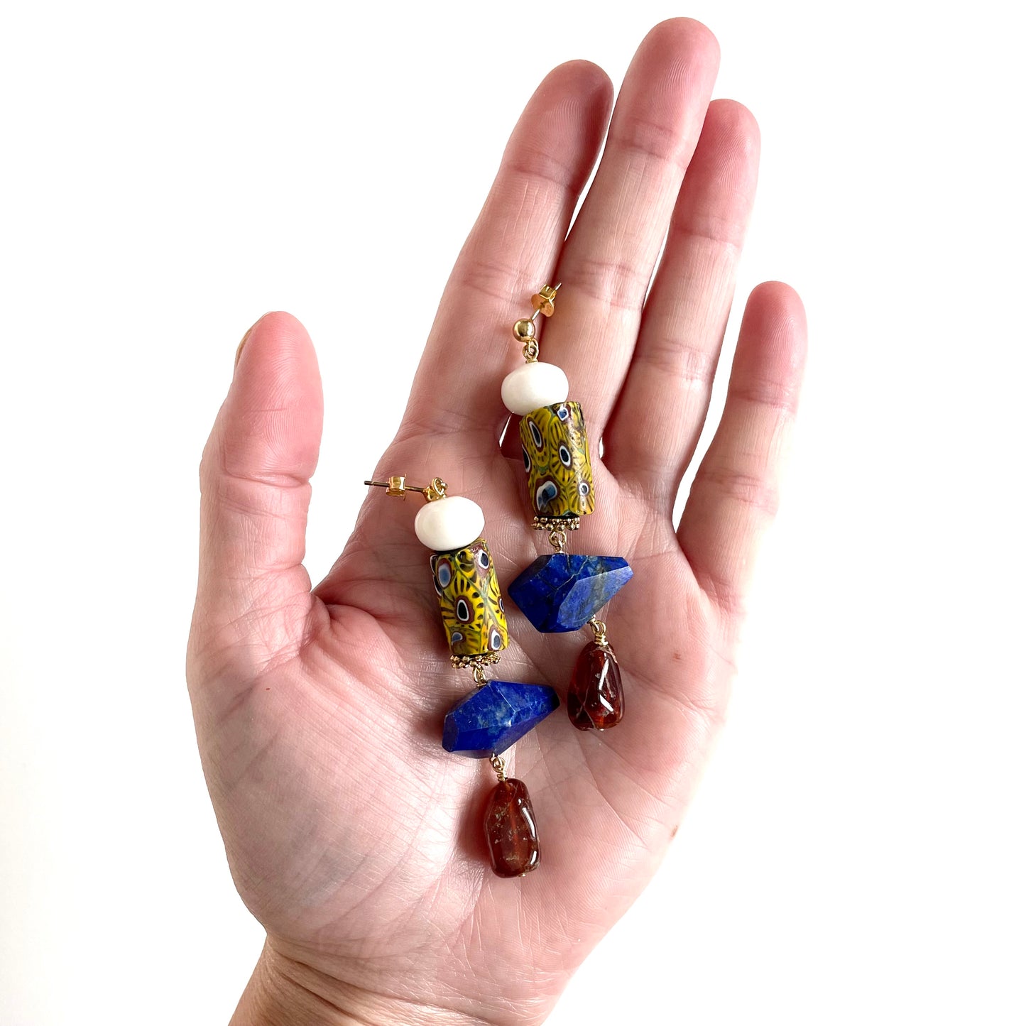 OOAK - Lapis, Carnelian, Jade, Porcelain and Brass Beads with Vermeil Stud Earrings