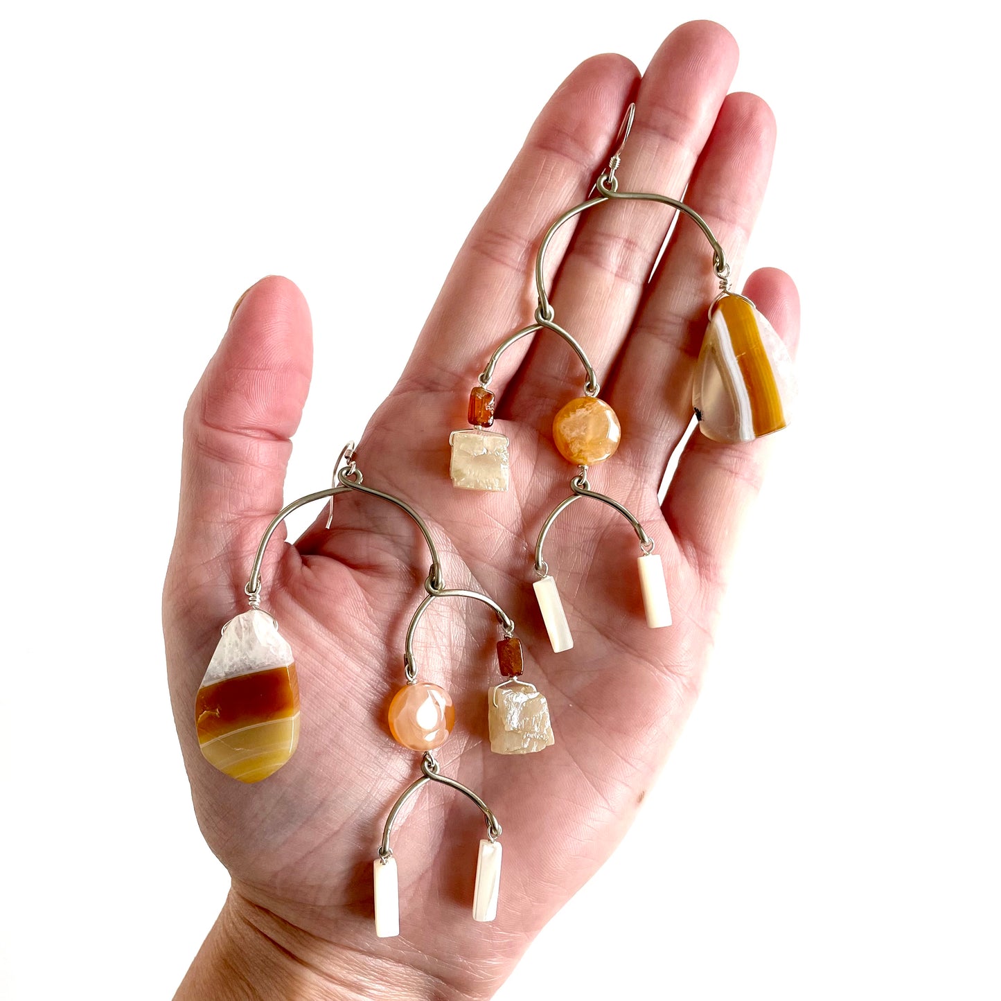 OOAK - Mother of Pearl, Agate, Carnelian, Sunstone, Quartz and German Silver Frames with Sterling Silver Earrings