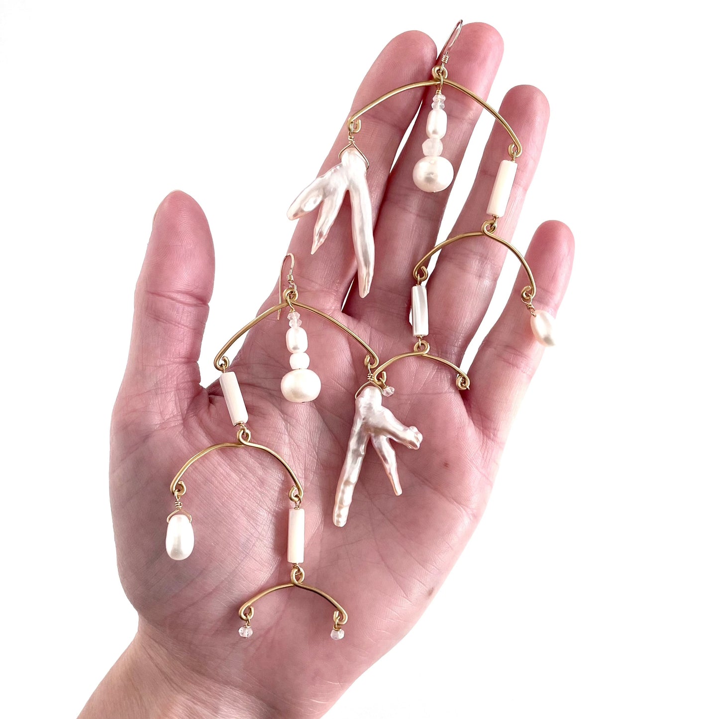 OOAK - Mother of Pearl, Fresh Water Pearl, Moonstone, Brass and 14K Gold Fill Mobile Earrings
