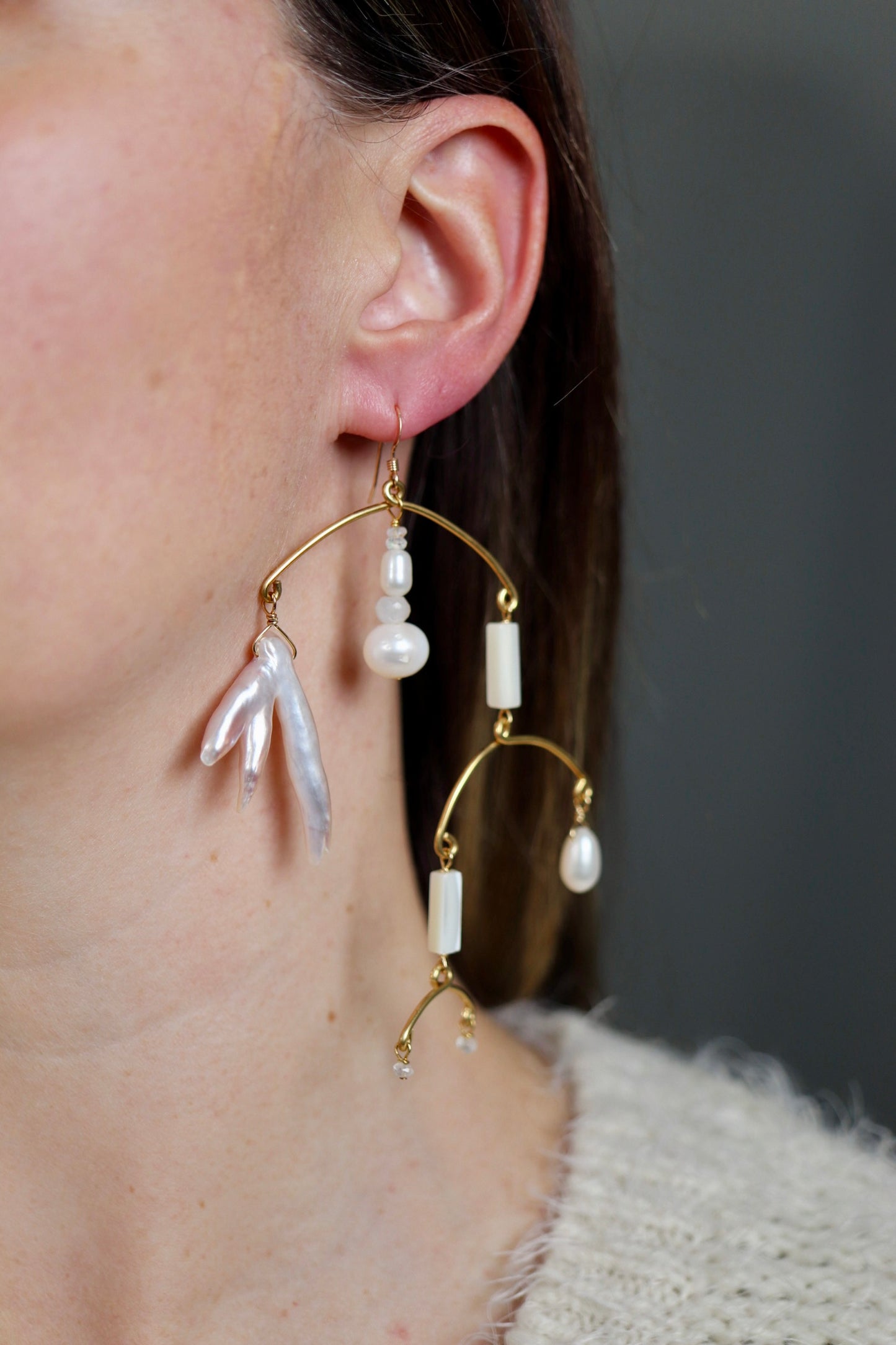 OOAK - Mother of Pearl, Fresh Water Pearl, Moonstone, Brass and 14K Gold Fill Mobile Earrings
