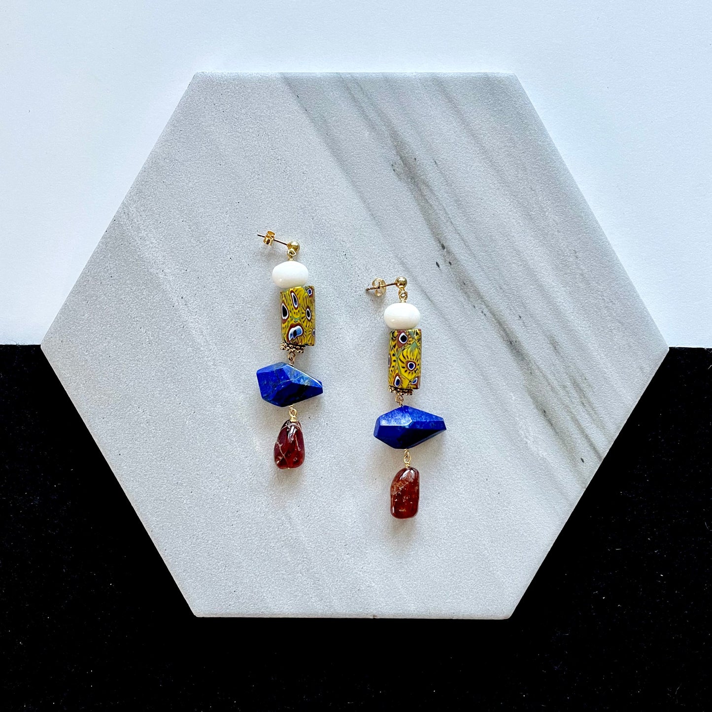 OOAK - Lapis, Carnelian, Jade, Porcelain and Brass Beads with Vermeil Stud Earrings