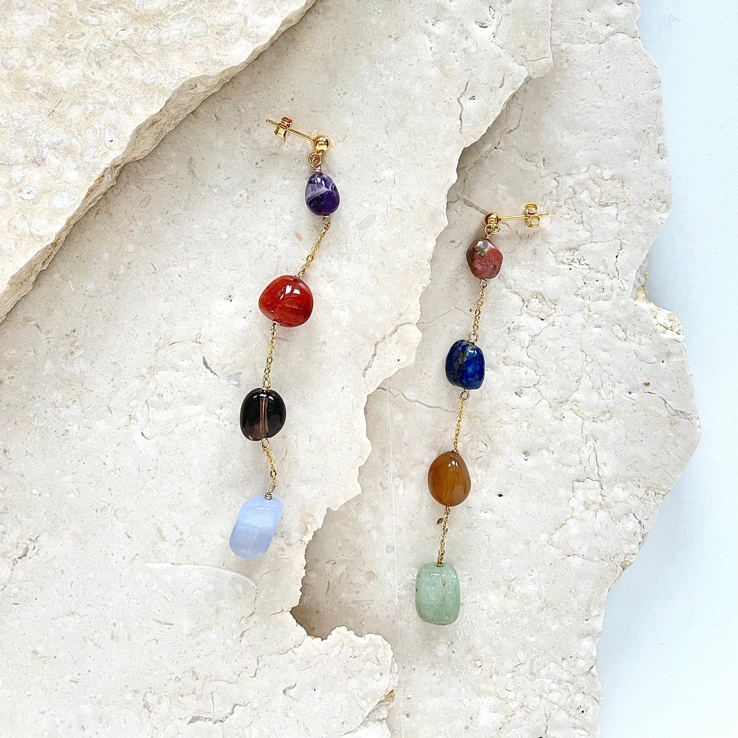 OOAK - Amethyst, Carnelian, Smokey Quartz, Chalcedony, Unakite, Lapis, Quartz, Aventurine, Gold Plated Chain and Vermeil Stud Earrings