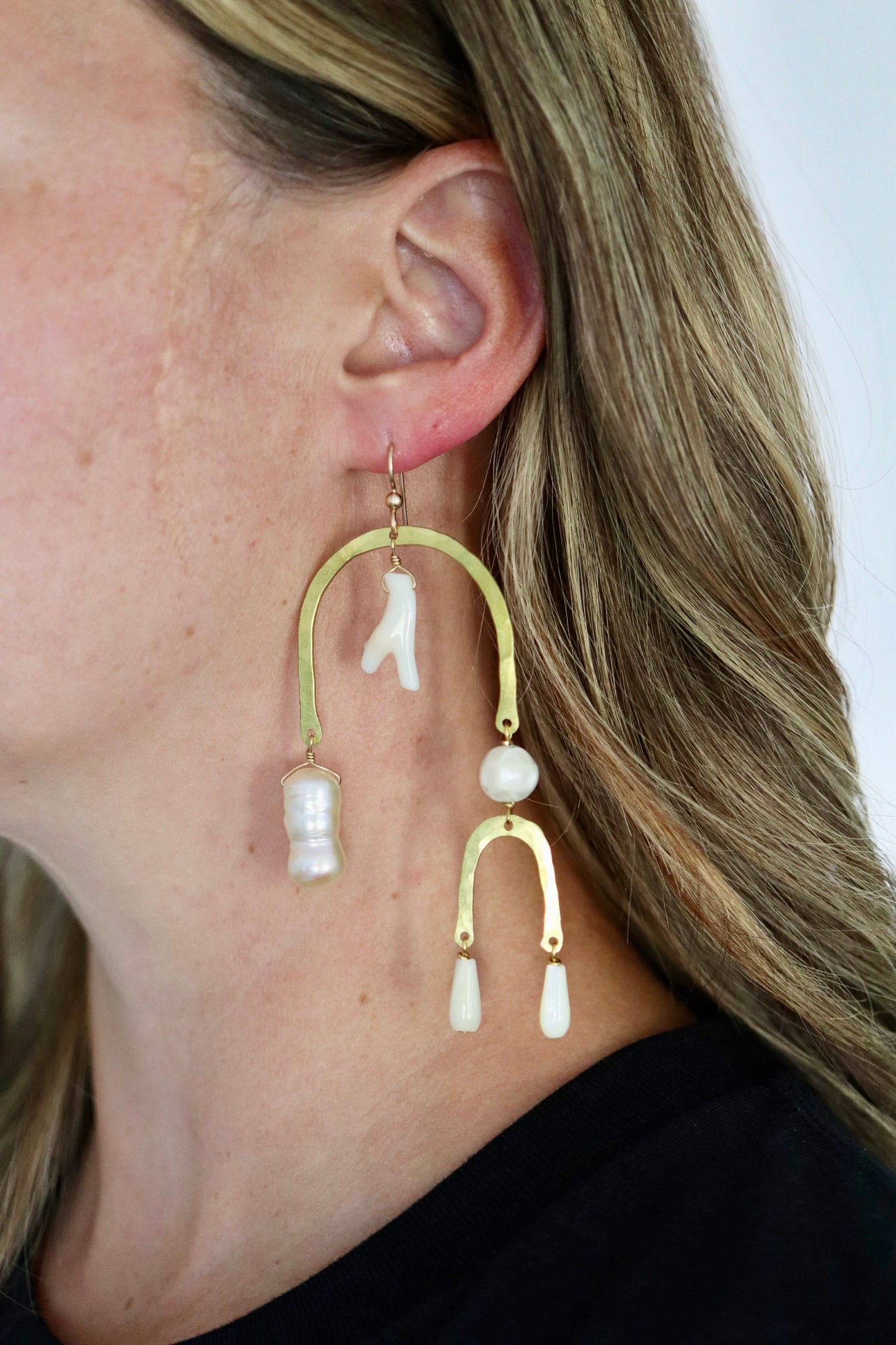 OOAK - Mother of Pearl, Coral, Fresh Water Pearl, Abalone and Hammered Brass Frames with 14K Gold Fill Earrings