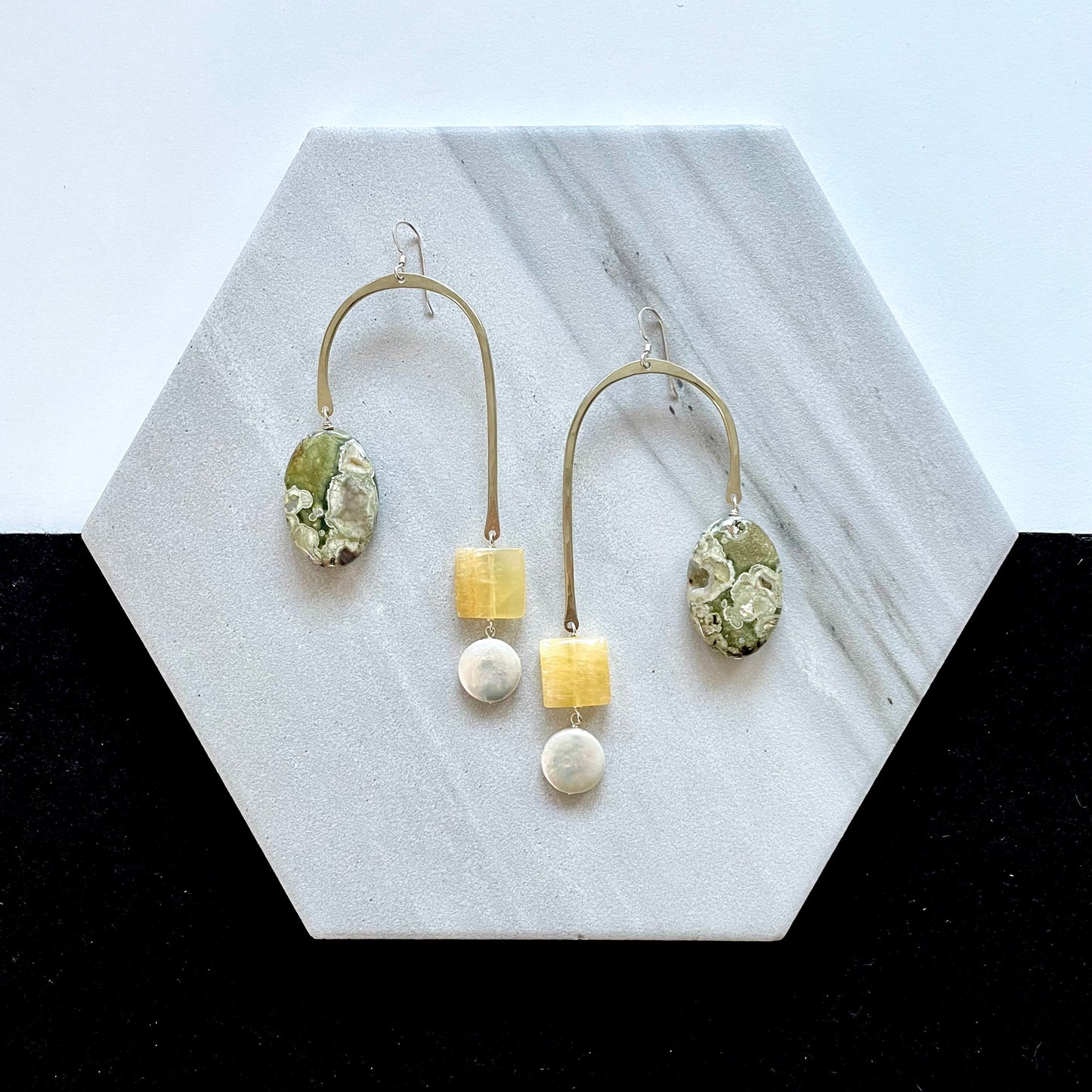 OOAK - Rhyolite, Fresh Water Pearl, Quartz and German Silver Frames with Sterling Silver Earrings