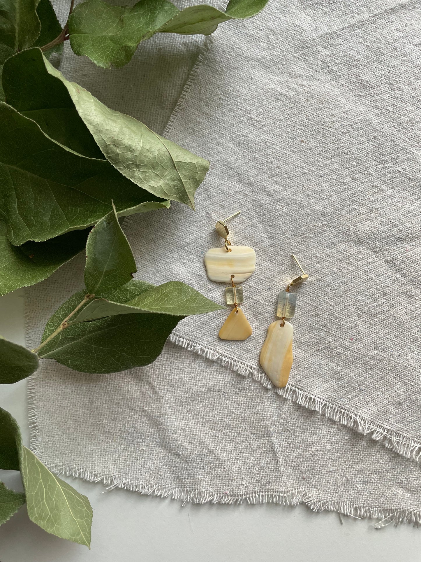 OOAK - Pineapple Quartz, Shell and Gold Plated Hexagon Stud Earrings