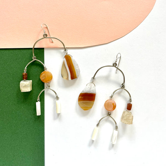 OOAK - Mother of Pearl, Agate, Carnelian, Sunstone, Quartz and German Silver Frames with Sterling Silver Earrings