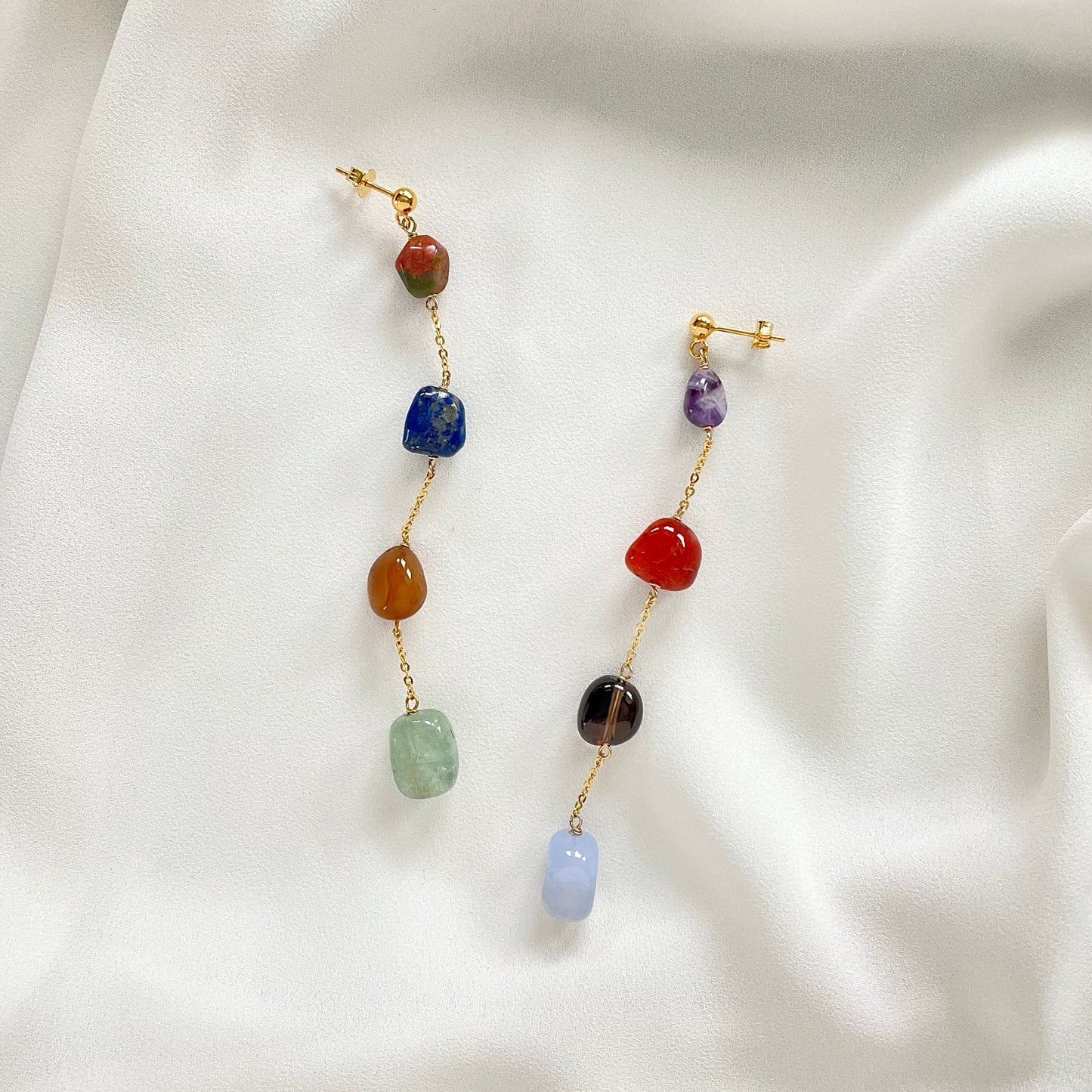OOAK - Amethyst, Carnelian, Smokey Quartz, Chalcedony, Unakite, Lapis, Quartz, Aventurine, Gold Plated Chain and Vermeil Stud Earrings