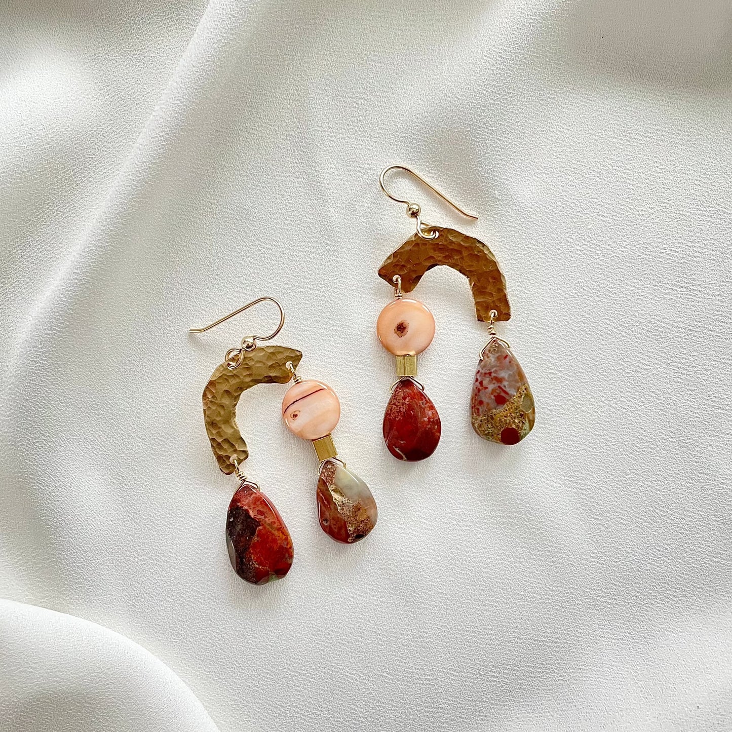 OOAK - Mother of Pearl, Spotted Chalcedony, Hammered Brass and 14K Gold Fill Earrings