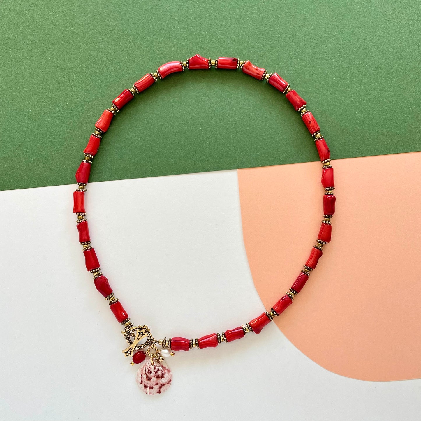 OOAK - Coral, Fresh Water Pearl, Calico Scallop Shell, Brass Accent Beads and Vermeil Toggle Necklace
