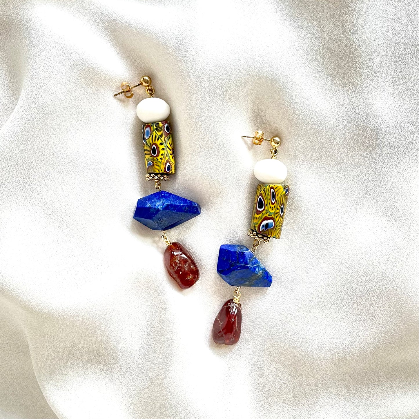 OOAK - Lapis, Carnelian, Jade, Porcelain and Brass Beads with Vermeil Stud Earrings