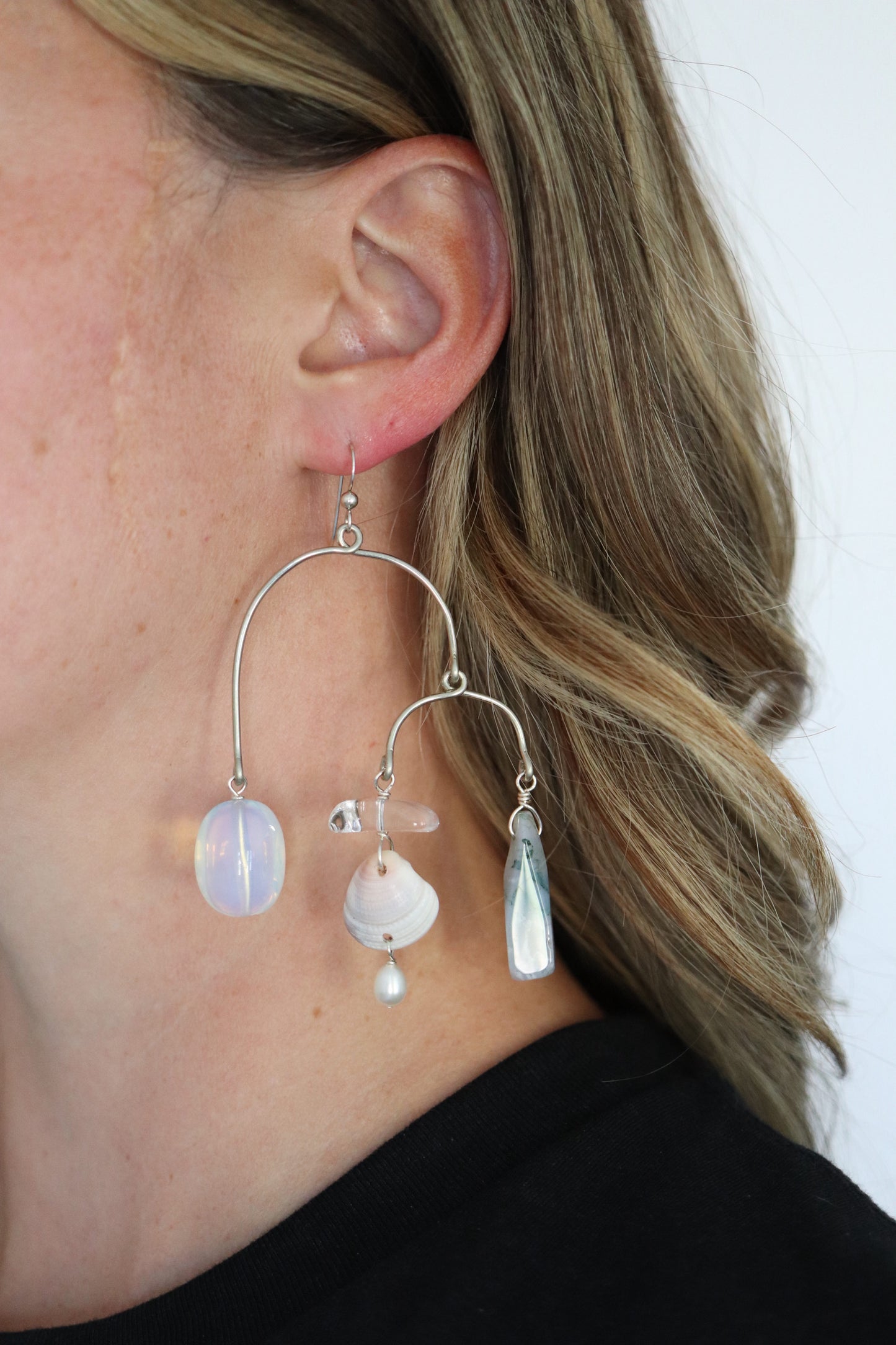 OOAK - Fresh Water Pearl, Jasper, Quartz, Shells, Opalite and German Silver Frames with Sterling Silver Earrings