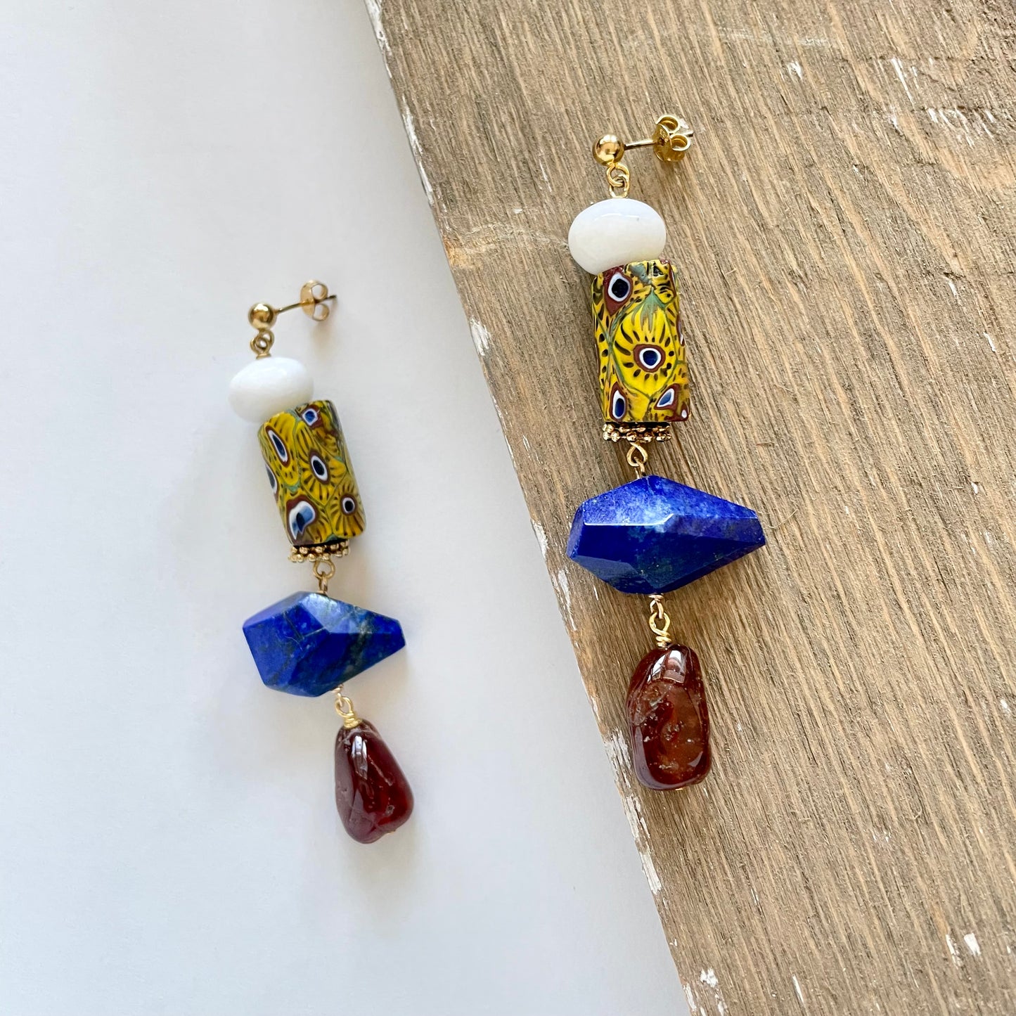 OOAK - Lapis, Carnelian, Jade, Porcelain and Brass Beads with Vermeil Stud Earrings