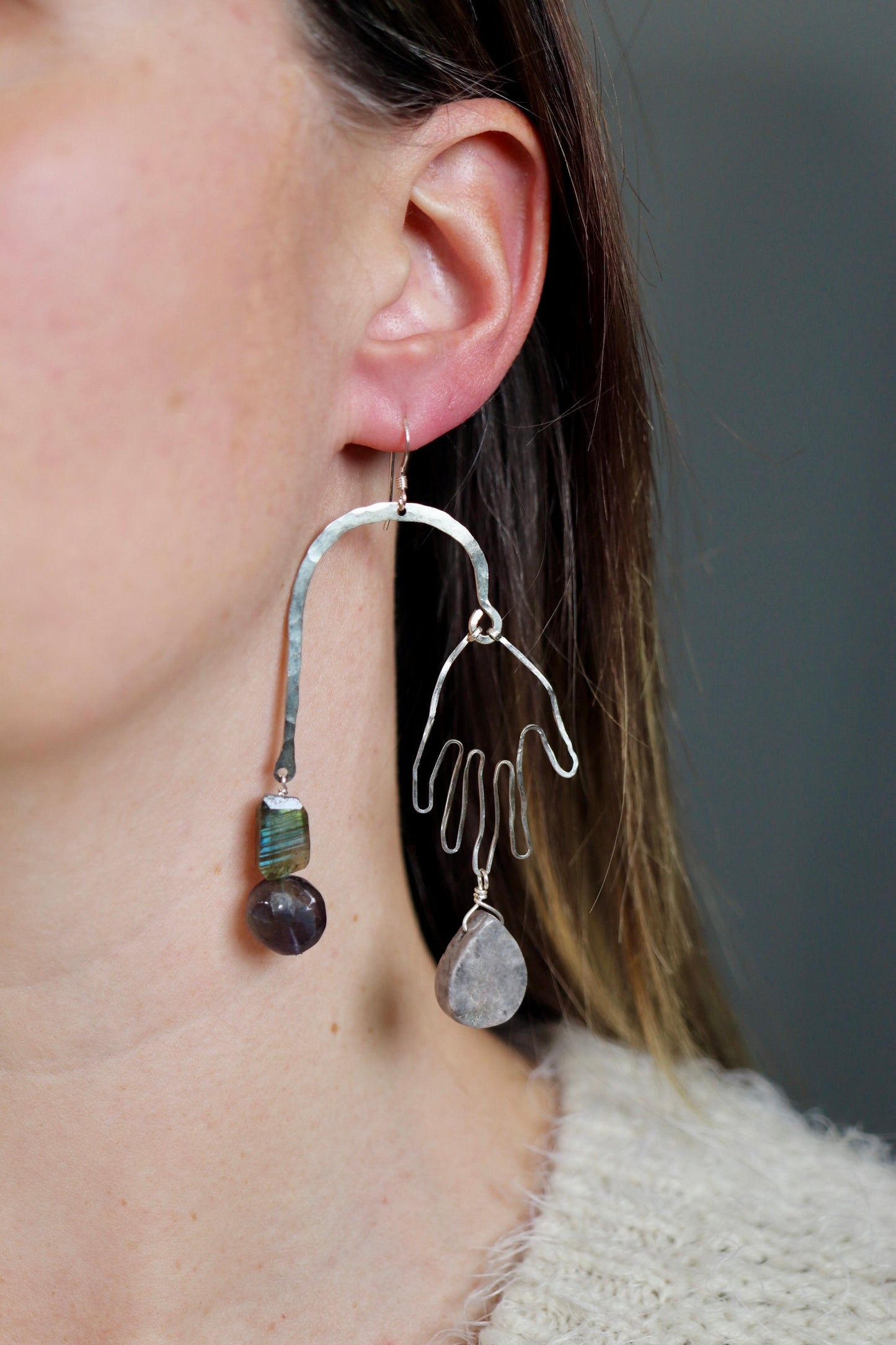 OOAK - Labradorite, Iolite, Marble, Hammered German Silver Frame and Hands with Sterling Silver Earrings