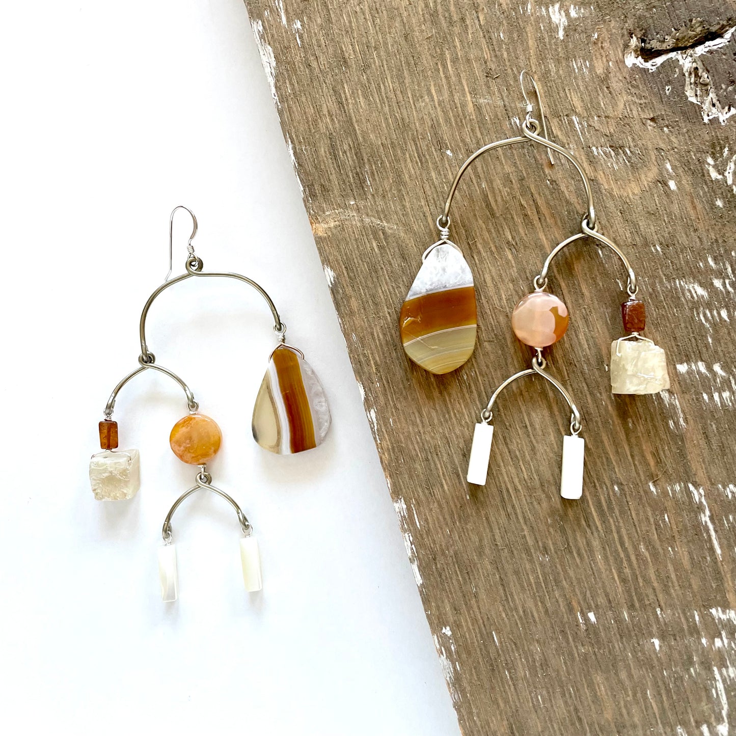 OOAK - Mother of Pearl, Agate, Carnelian, Sunstone, Quartz and German Silver Frames with Sterling Silver Earrings