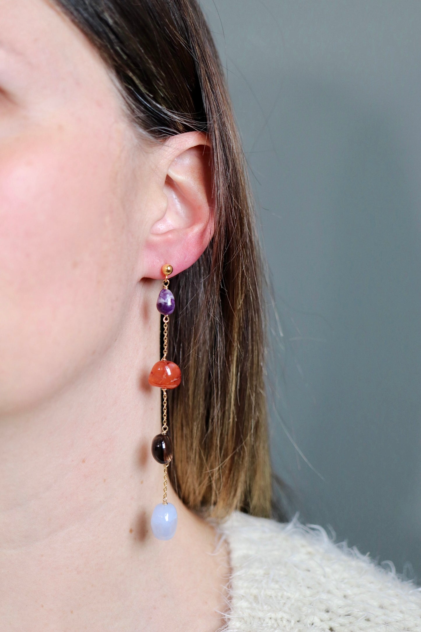 OOAK - Amethyst, Carnelian, Smokey Quartz, Chalcedony, Unakite, Lapis, Quartz, Aventurine, Gold Plated Chain and Vermeil Stud Earrings