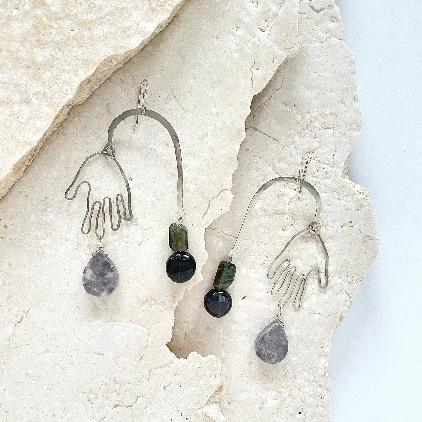 OOAK - Labradorite, Iolite, Marble, Hammered German Silver Frame and Hands with Sterling Silver Earrings