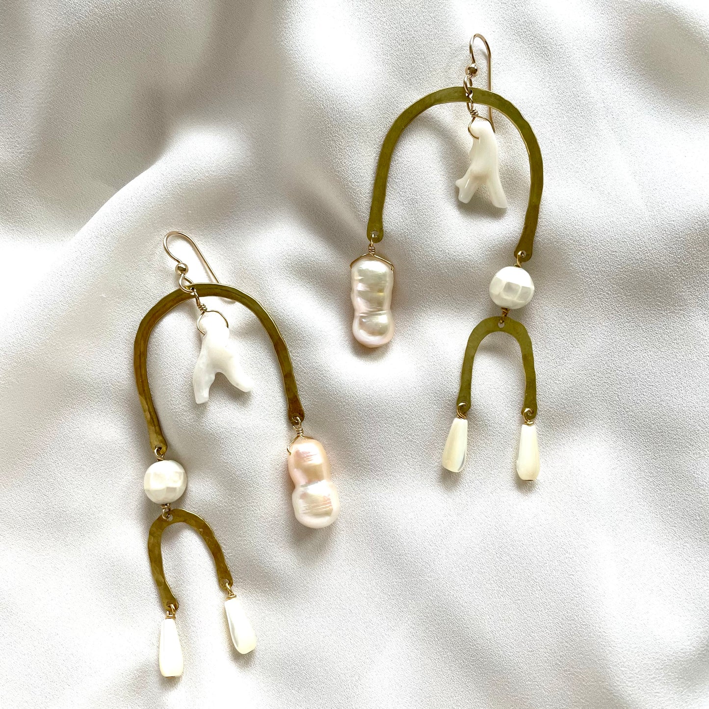 OOAK - Mother of Pearl, Coral, Fresh Water Pearl, Abalone and Hammered Brass Frames with 14K Gold Fill Earrings