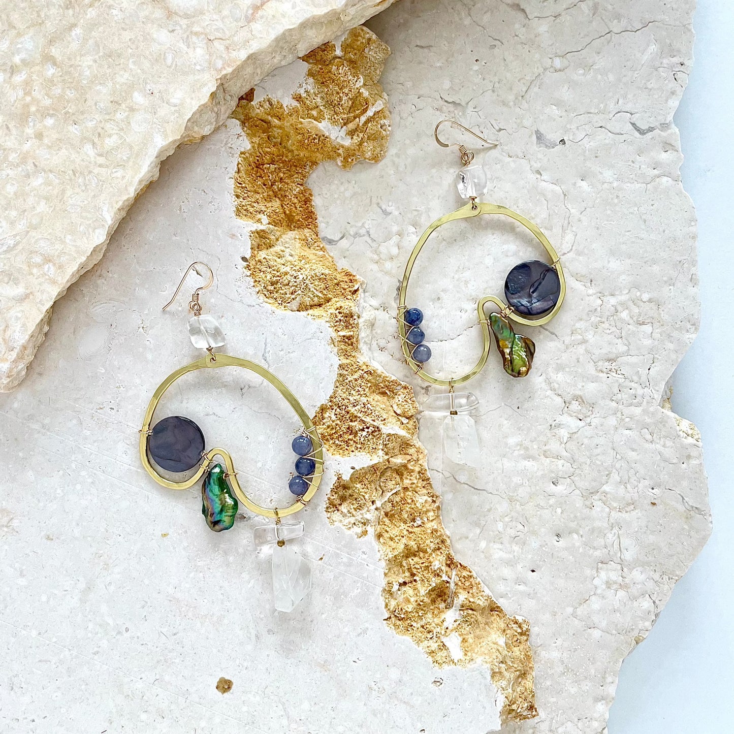 OOAK - Mother of Pearl, Fresh Water Pearl, Moonstone, Quartz, Iolite, Hammered Brass and 14K Gold Fill Earrings