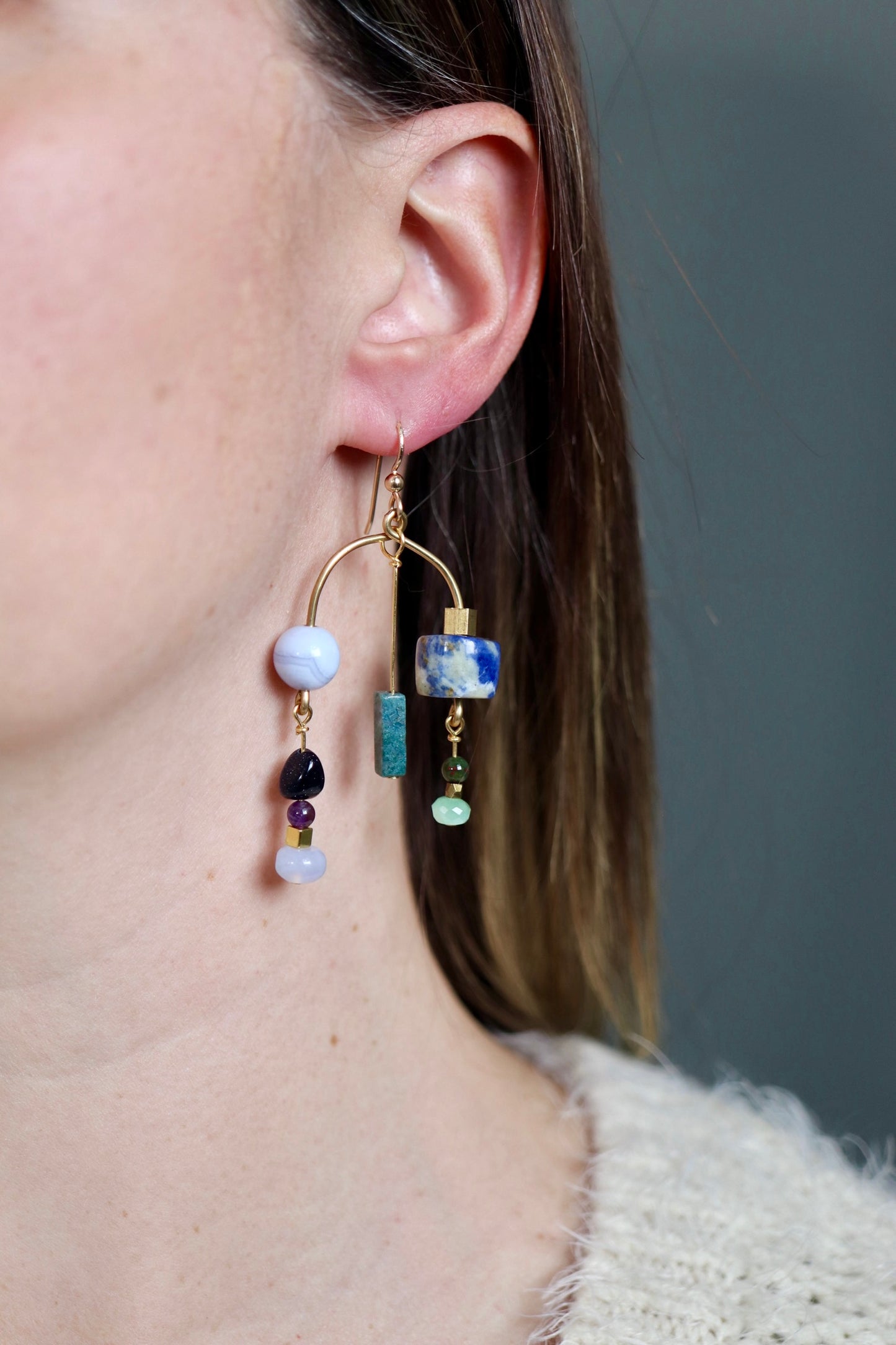 OOAK - Chalcedony, Sodalite, Amethyst, Blue Goldstone, Aventurine, Tourmaline, Brass and 14K Gold Fill Earrings