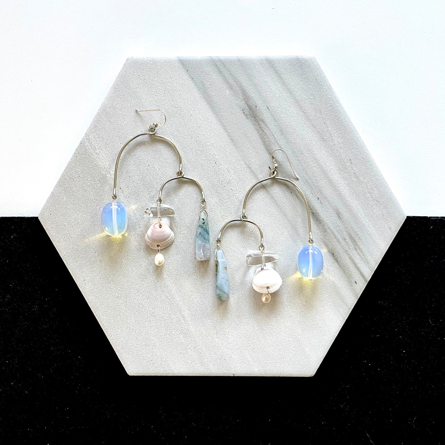 OOAK - Fresh Water Pearl, Jasper, Quartz, Shells, Opalite and German Silver Frames with Sterling Silver Earrings