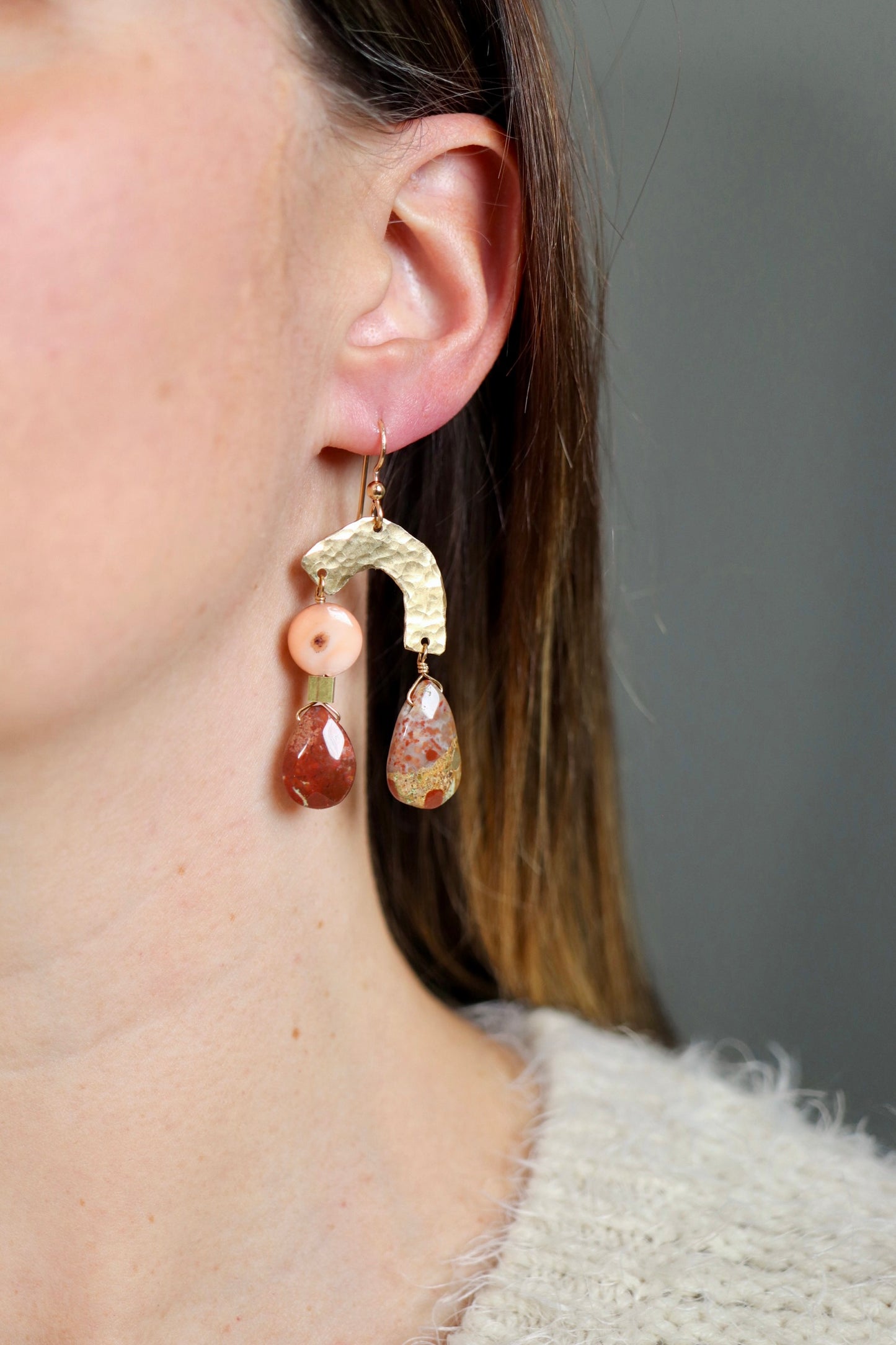 OOAK - Mother of Pearl, Spotted Chalcedony, Hammered Brass and 14K Gold Fill Earrings