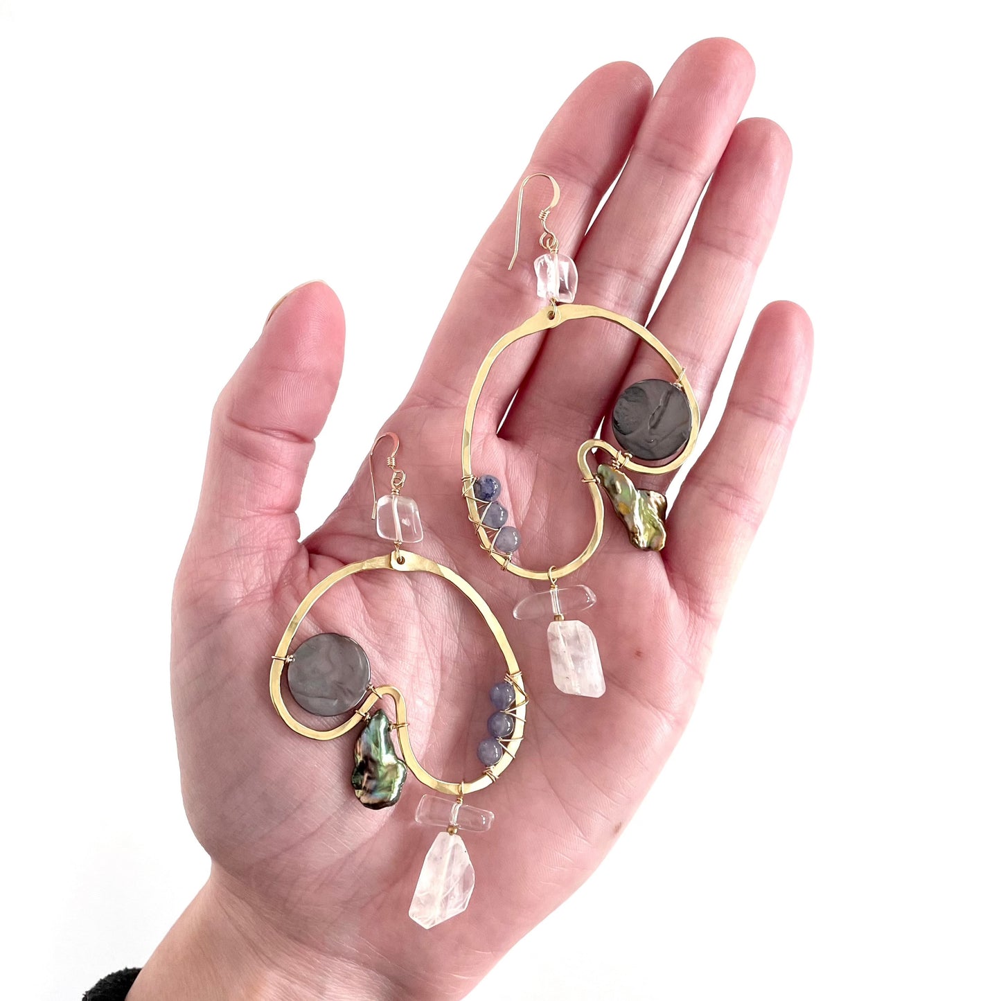 OOAK - Mother of Pearl, Fresh Water Pearl, Moonstone, Quartz, Iolite, Hammered Brass and 14K Gold Fill Earrings