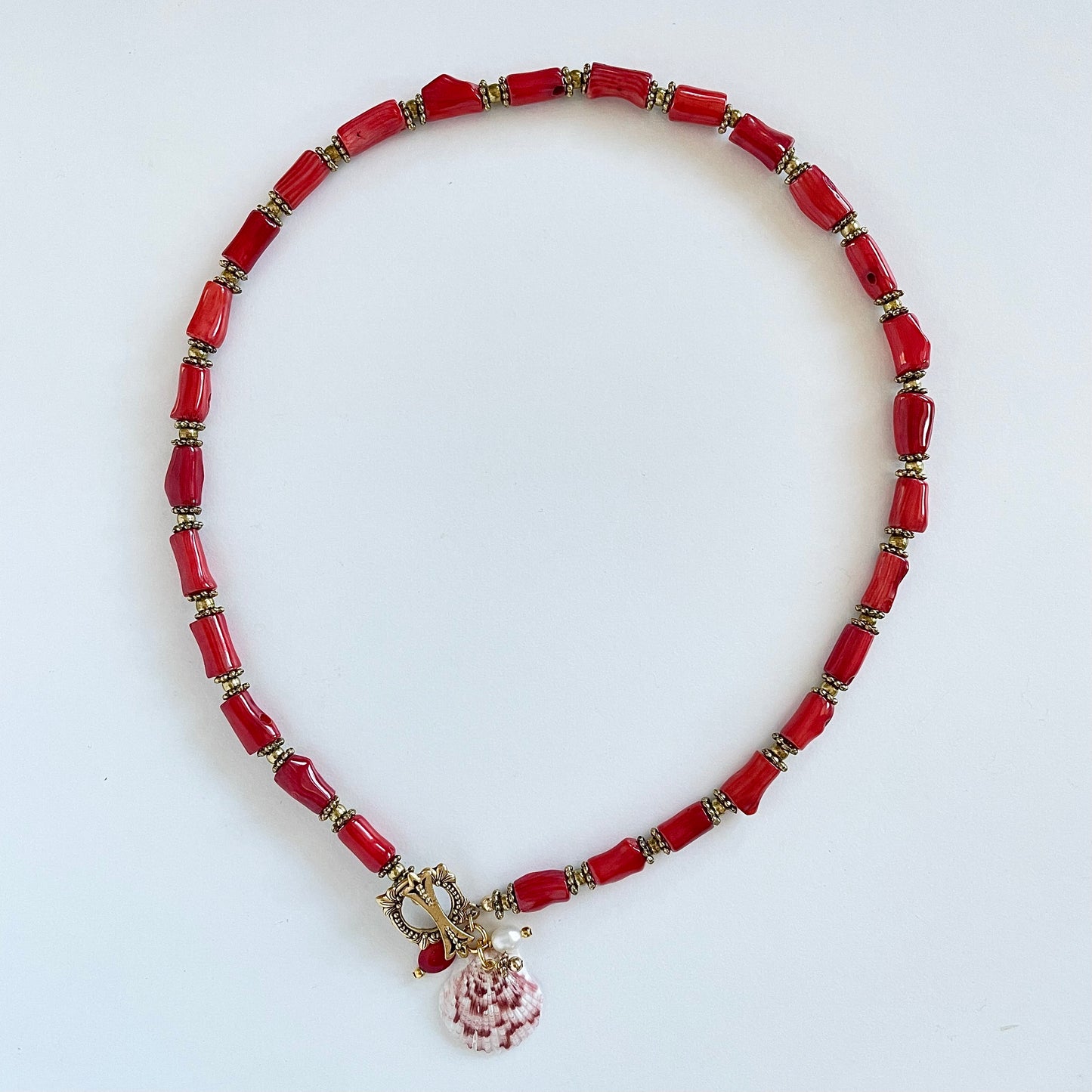 OOAK - Coral, Fresh Water Pearl, Calico Scallop Shell, Brass Accent Beads and Vermeil Toggle Necklace