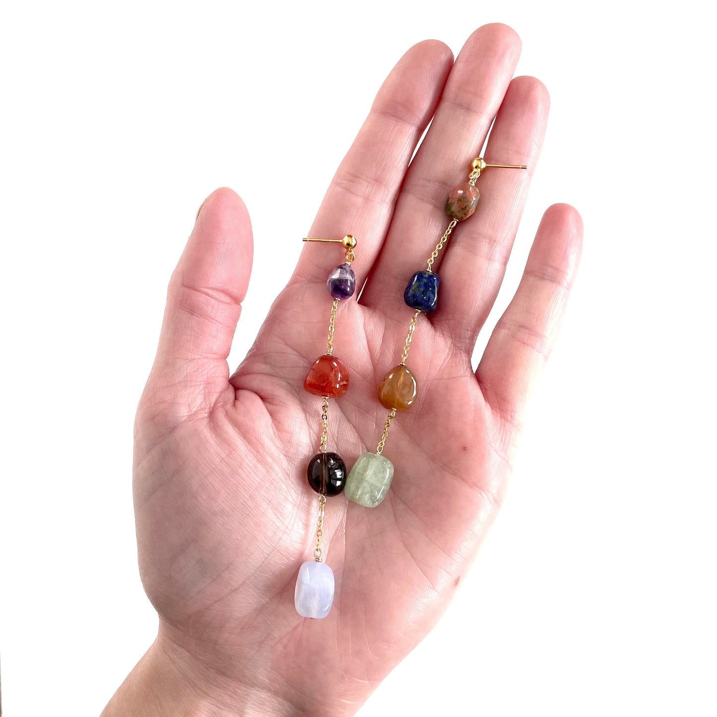 OOAK - Amethyst, Carnelian, Smokey Quartz, Chalcedony, Unakite, Lapis, Quartz, Aventurine, Gold Plated Chain and Vermeil Stud Earrings