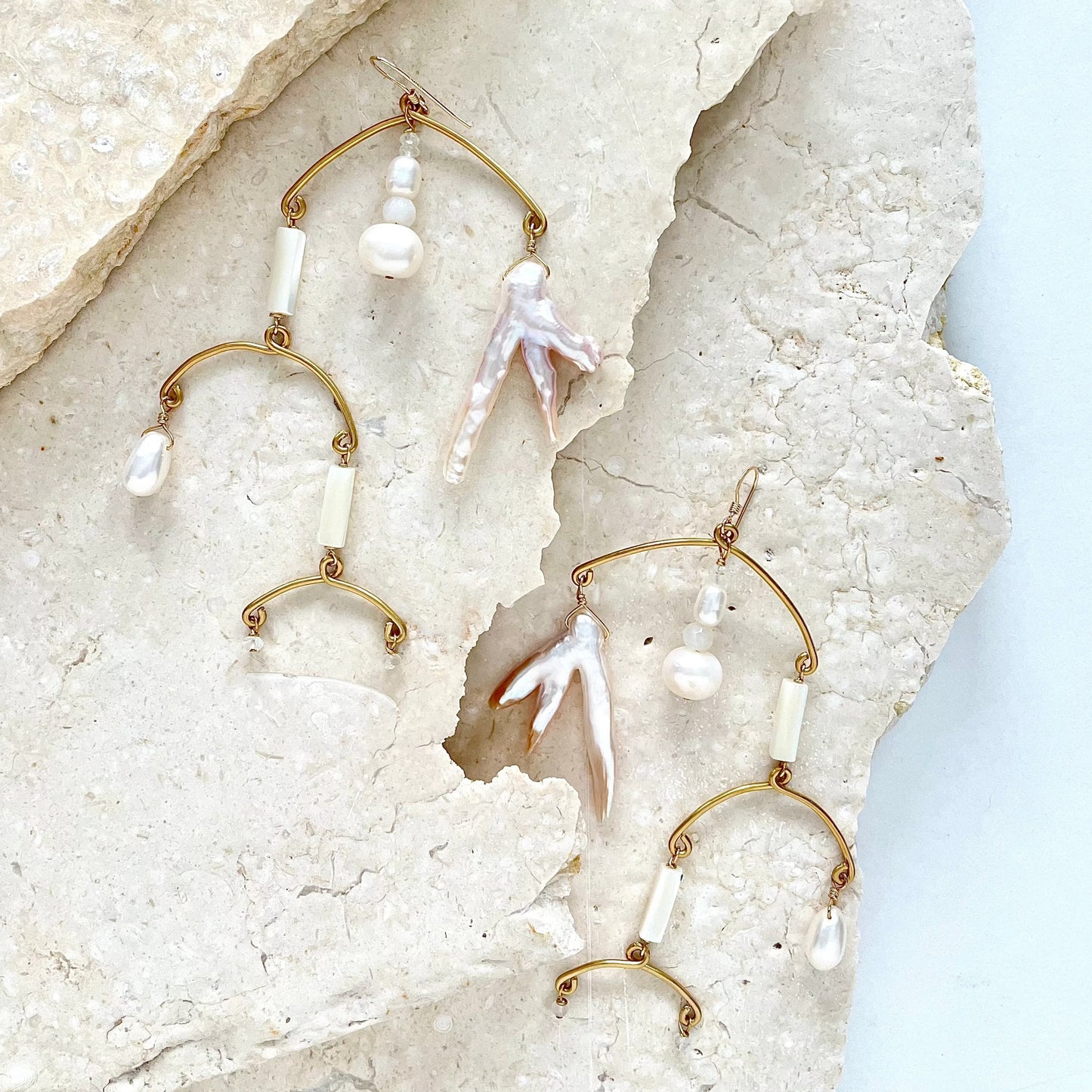 OOAK - Mother of Pearl, Fresh Water Pearl, Moonstone, Brass and 14K Gold Fill Mobile Earrings