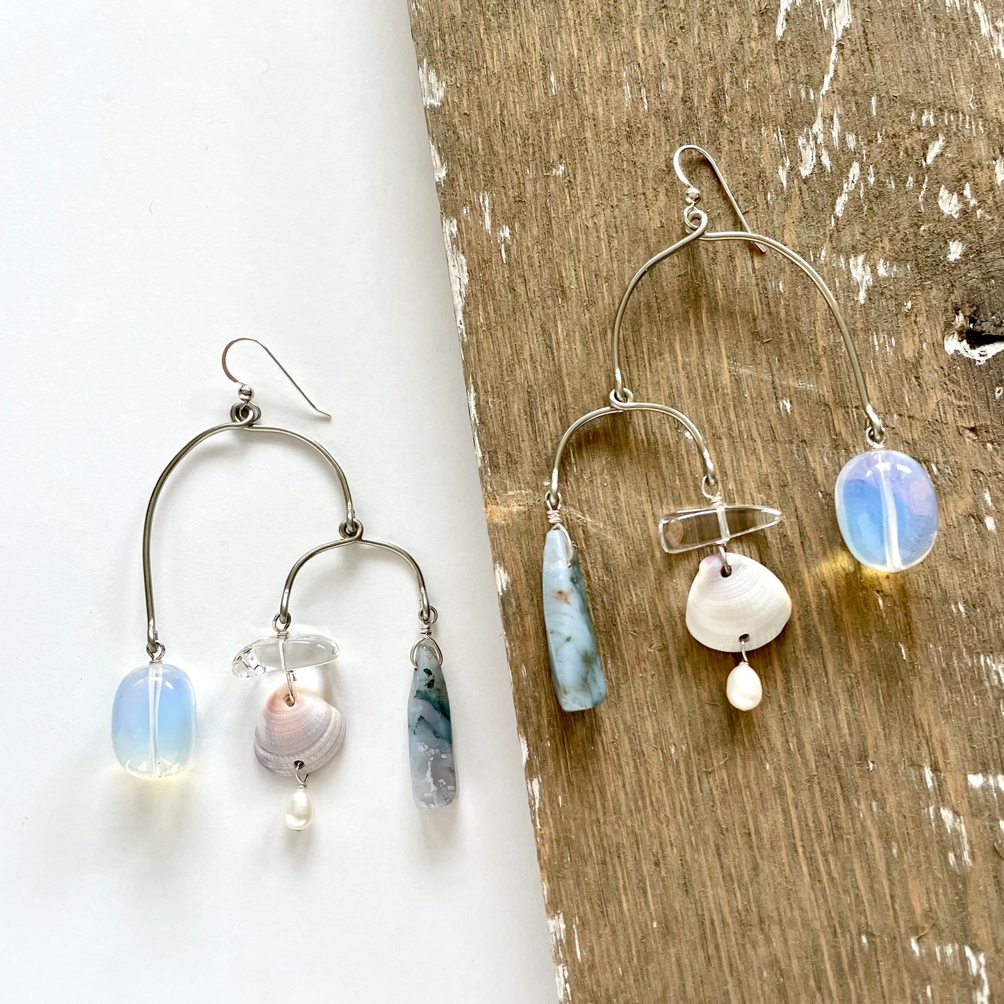 OOAK - Fresh Water Pearl, Jasper, Quartz, Shells, Opalite and German Silver Frames with Sterling Silver Earrings