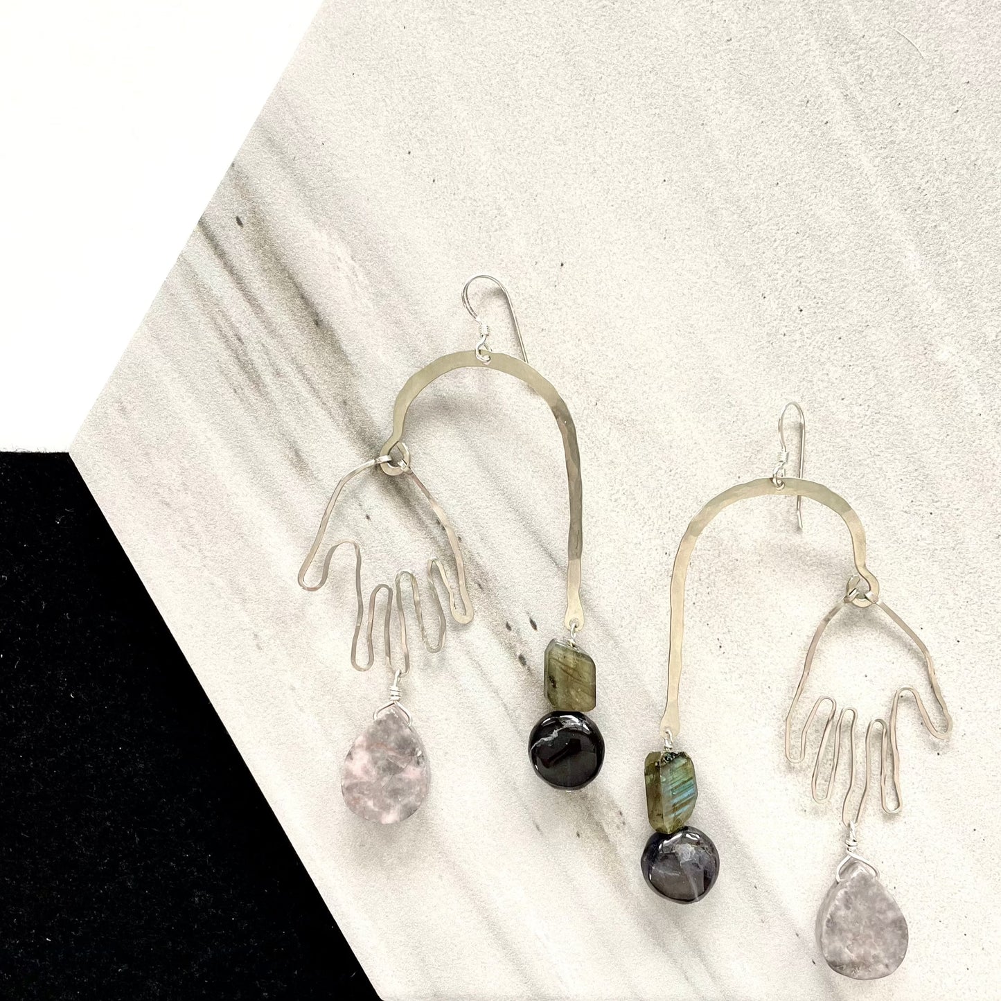 OOAK - Labradorite, Iolite, Marble, Hammered German Silver Frame and Hands with Sterling Silver Earrings