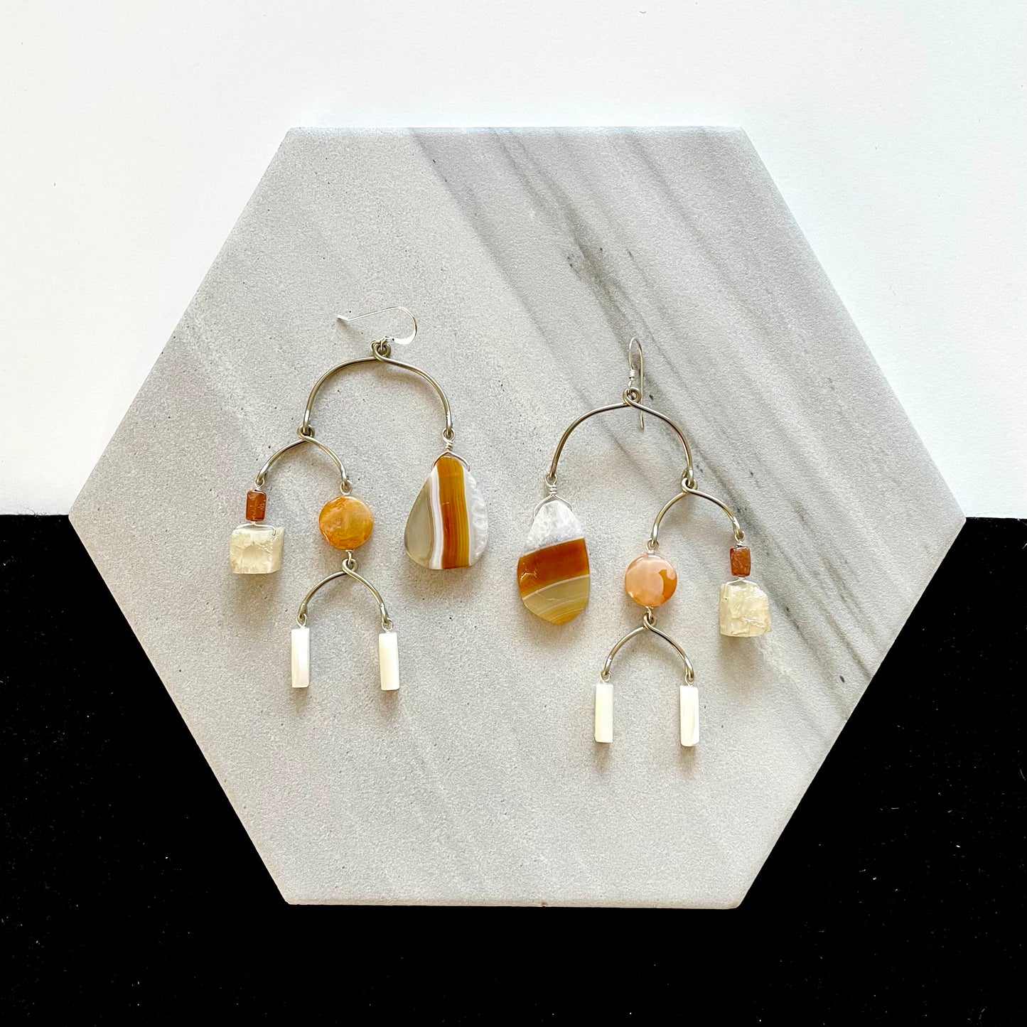 OOAK - Mother of Pearl, Agate, Carnelian, Sunstone, Quartz and German Silver Frames with Sterling Silver Earrings