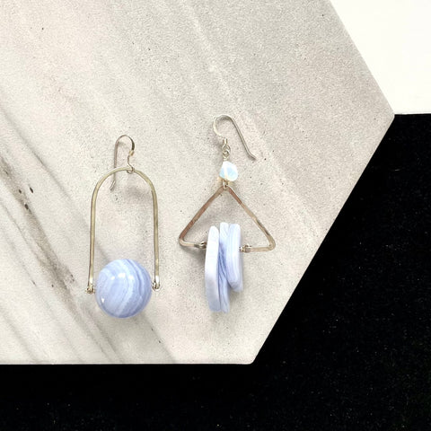 OOAK - Blue Lace Agate, Quartz, Chalcedony, Geometric Hammered German Silver and Sterling Silver Earrings