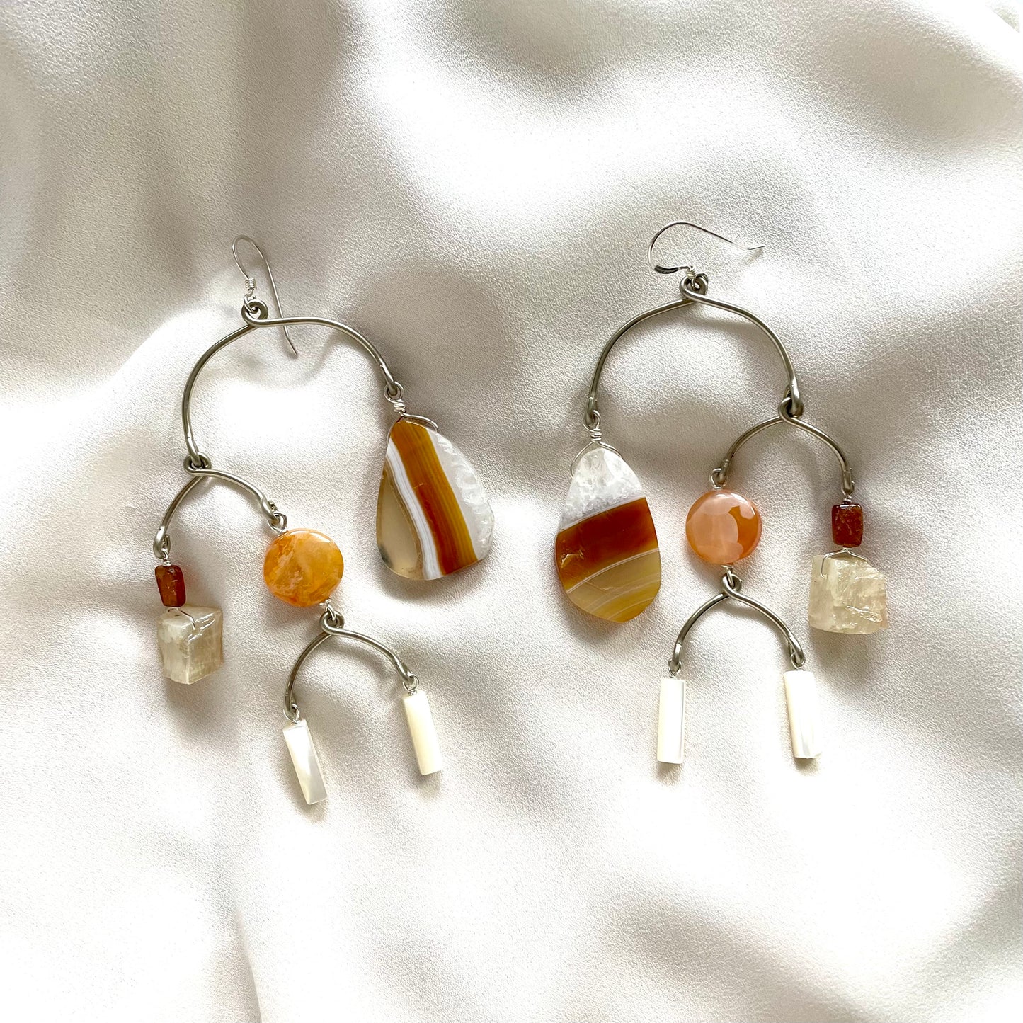 OOAK - Mother of Pearl, Agate, Carnelian, Sunstone, Quartz and German Silver Frames with Sterling Silver Earrings
