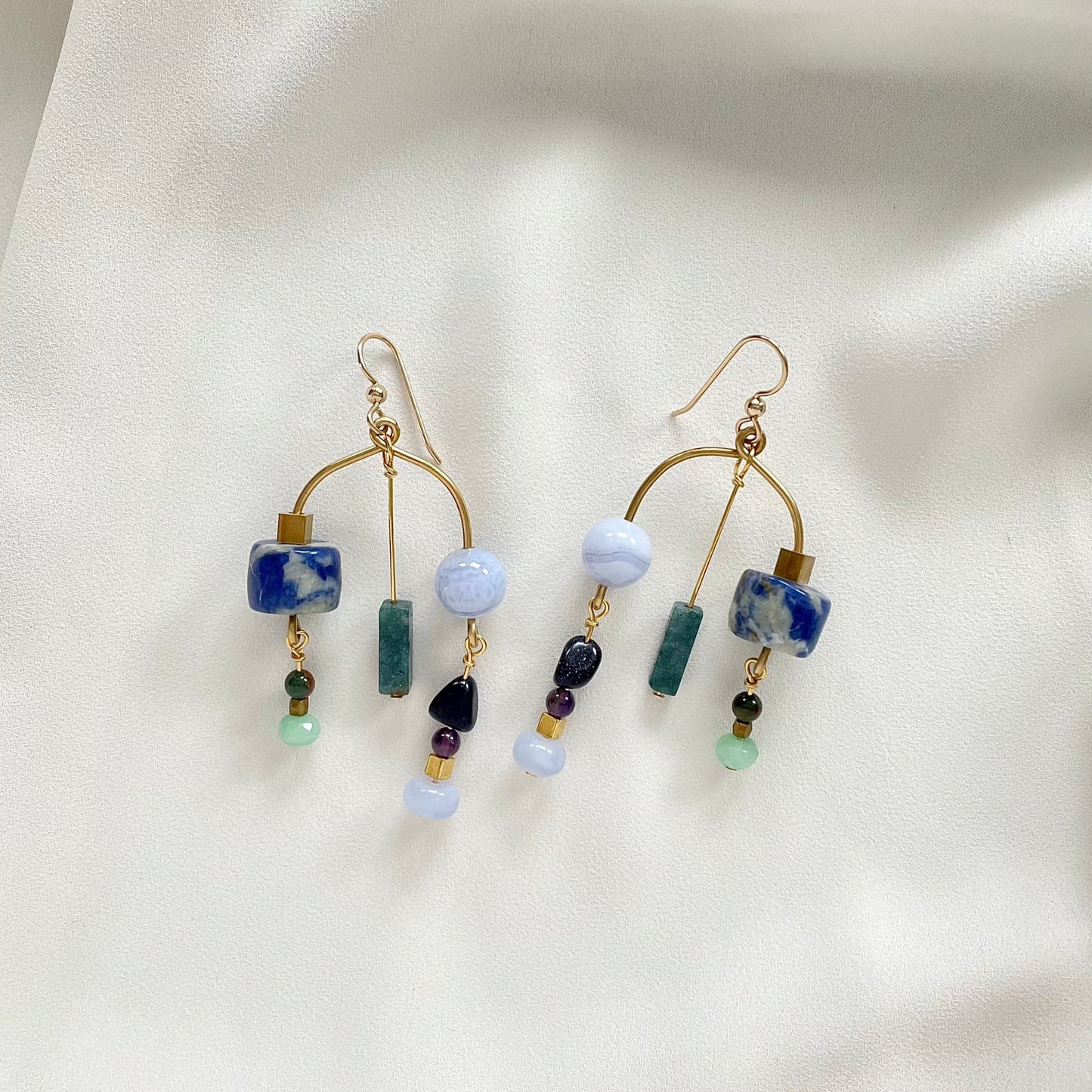 OOAK - Chalcedony, Sodalite, Amethyst, Blue Goldstone, Aventurine, Tourmaline, Brass and 14K Gold Fill Earrings