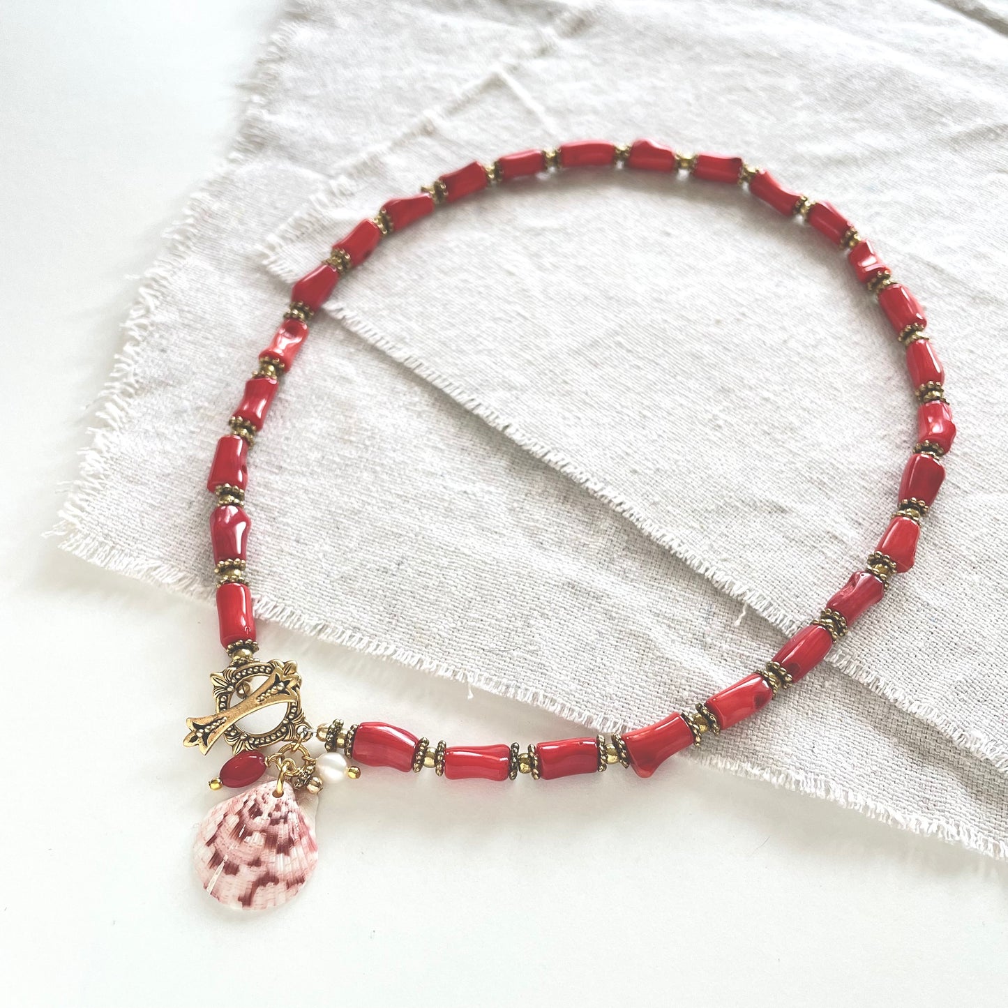OOAK - Coral, Fresh Water Pearl, Calico Scallop Shell, Brass Accent Beads and Vermeil Toggle Necklace