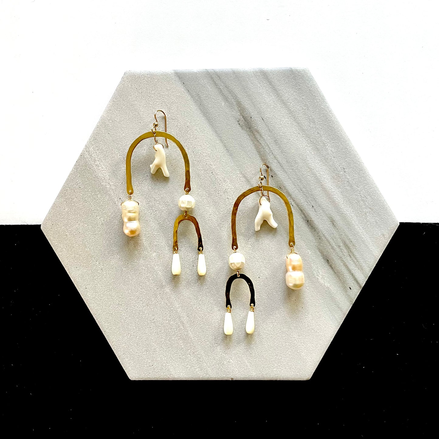 OOAK - Mother of Pearl, Coral, Fresh Water Pearl, Abalone and Hammered Brass Frames with 14K Gold Fill Earrings
