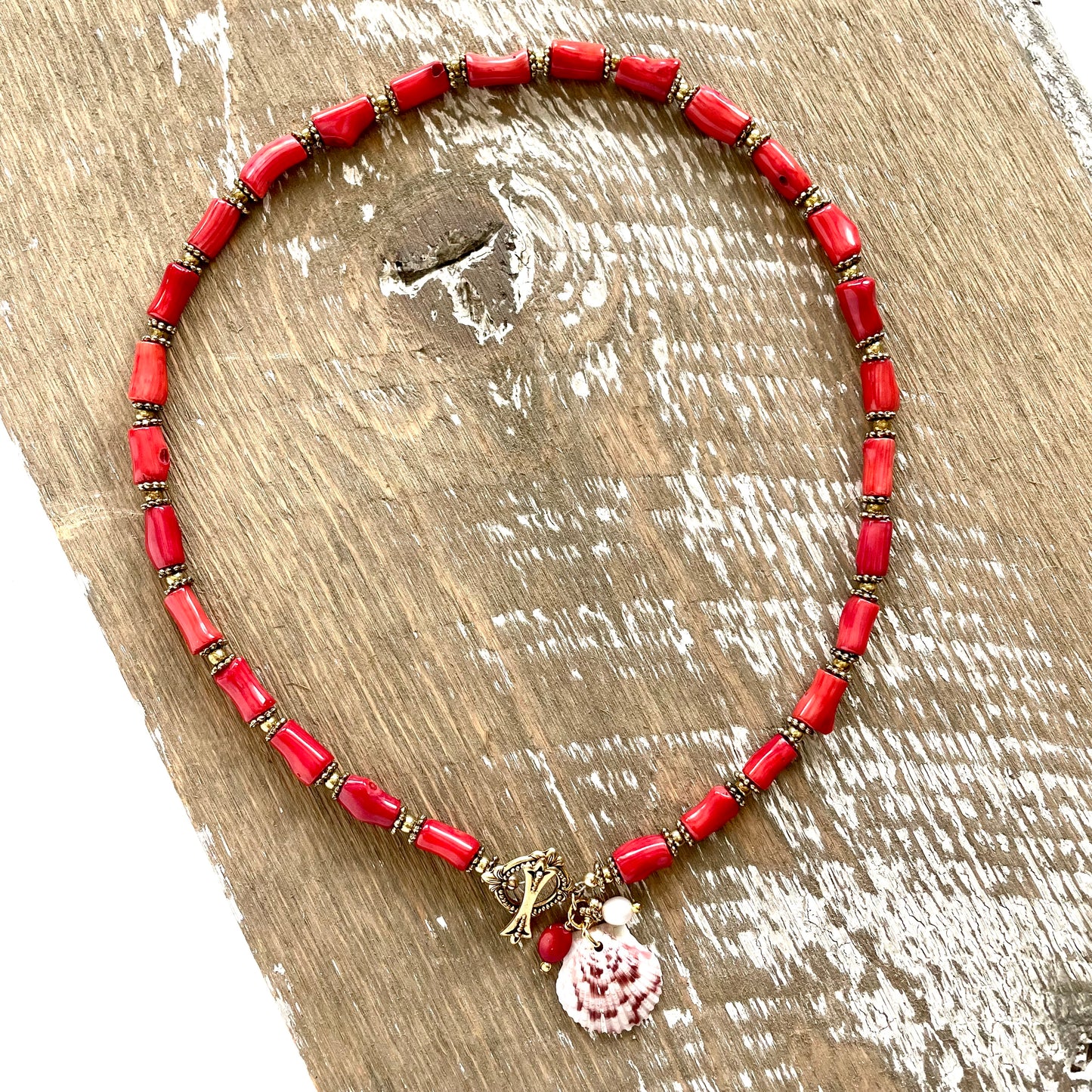 OOAK - Coral, Fresh Water Pearl, Calico Scallop Shell, Brass Accent Beads and Vermeil Toggle Necklace