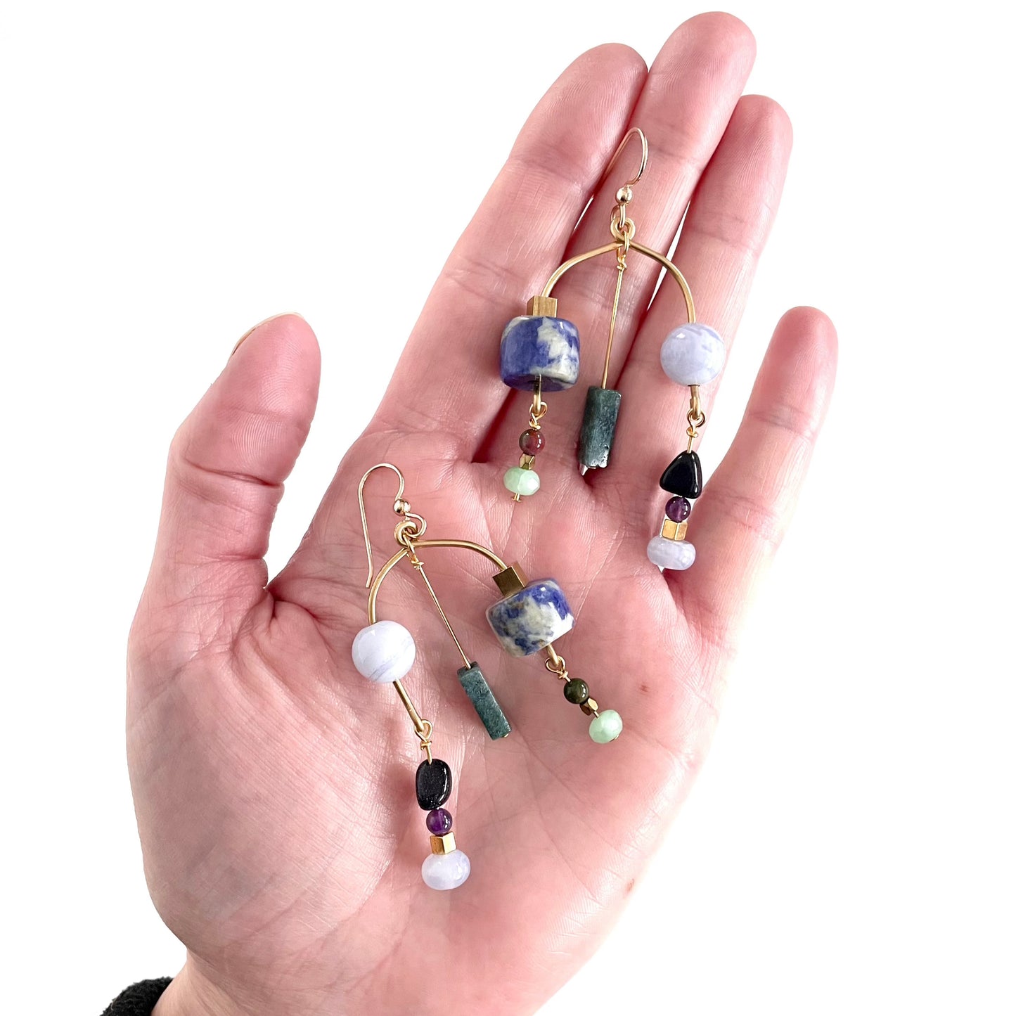 OOAK - Chalcedony, Sodalite, Amethyst, Blue Goldstone, Aventurine, Tourmaline, Brass and 14K Gold Fill Earrings