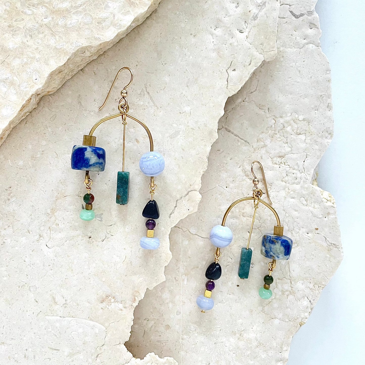 OOAK - Chalcedony, Sodalite, Amethyst, Blue Goldstone, Aventurine, Tourmaline, Brass and 14K Gold Fill Earrings