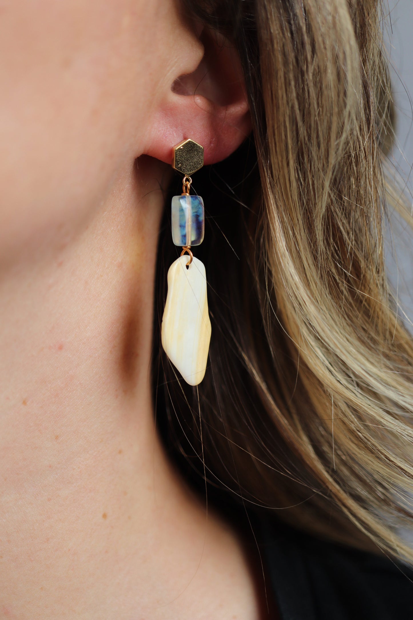 OOAK - Pineapple Quartz, Shell and Gold Plated Hexagon Stud Earrings