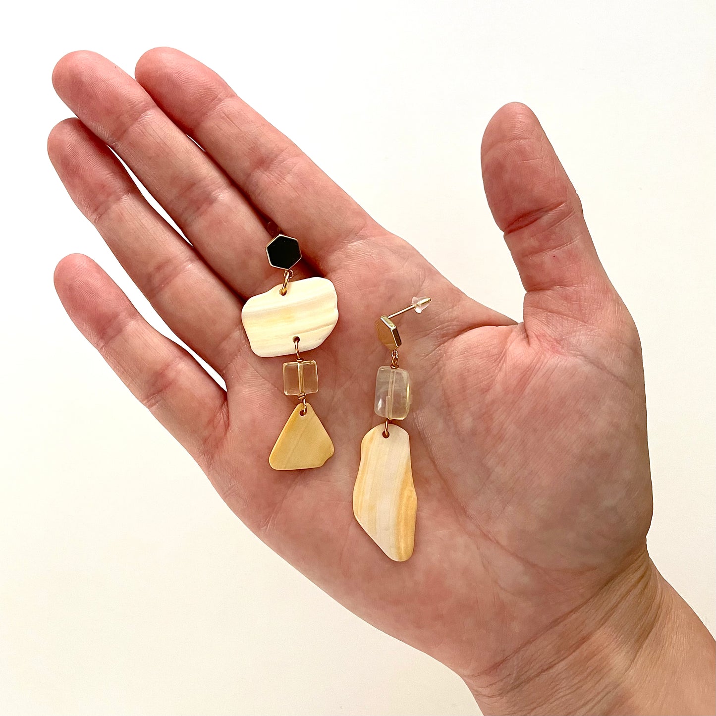OOAK - Pineapple Quartz, Shell and Gold Plated Hexagon Stud Earrings