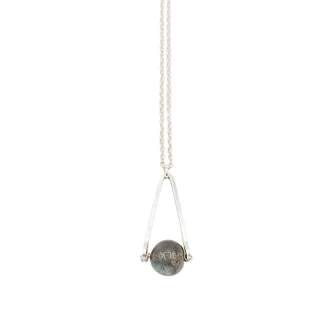 Labradorite round in green gray with flashing blue, sterling silver elongated triangle shape, sterling silver chain short necklace on white background