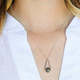 model in a white top wearing a Labradorite round in green gray with flashing blue, sterling silver elongated triangle shape, sterling silver chain short necklace