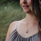 model in a gray dress and long hair wearing a Labradorite round in green gray with flashing blue, sterling silver elongated triangle shape, sterling silver chain short necklace