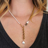 The Aletta Necklace by Third & Co. Studio: fresh water pearl, vintage gold-toned chain, mother of pearl and labradorite, create this adjustable length, wear-two-ways necklace. Can also be worn as a bracelet by wrapping around the wrist. Necklace shown on a model at the shortest lariat length