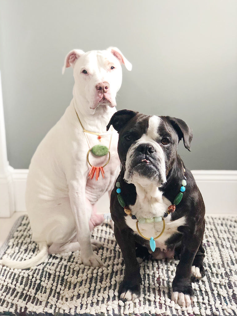 TWO DOGS, TWO STATEMENT NECKLACES