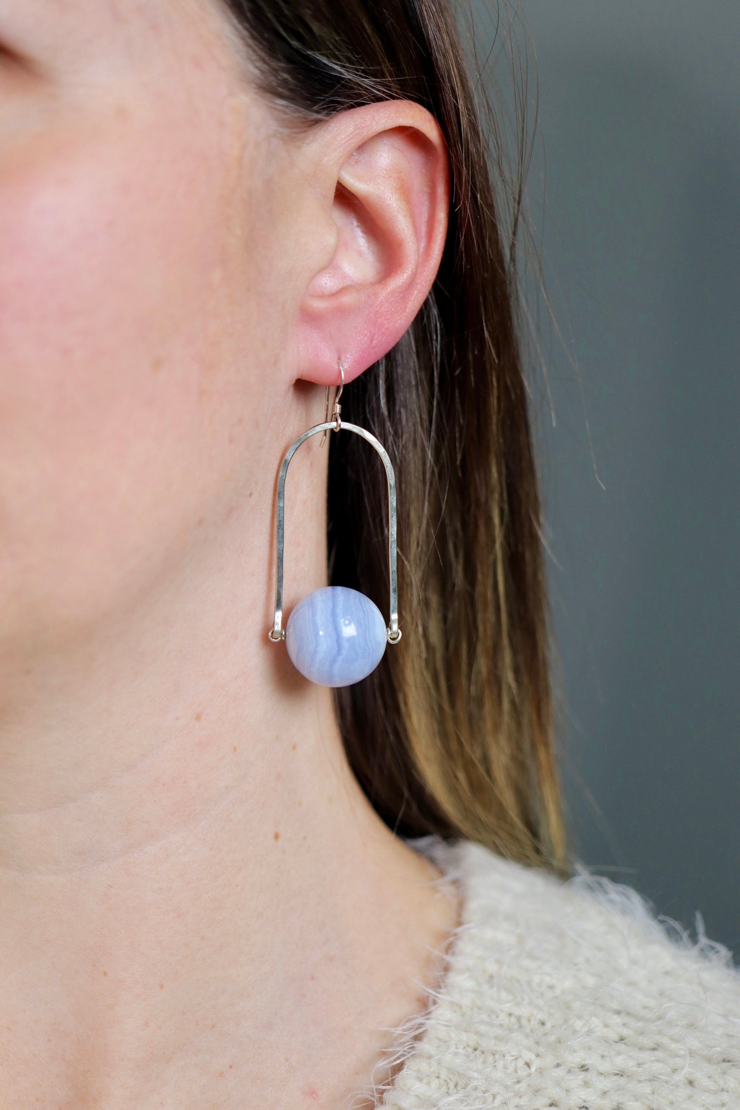 OOAK - Blue Lace Agate, Quartz, Chalcedony, Geometric Hammered German Silver and Sterling Silver Earrings