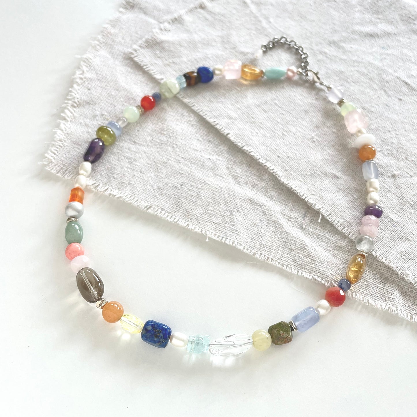 OOAK - Chalcedony, Lapis, Amethyst, Fresh Water Pearl, Aventurine, Garnet, Aquamarine, Quartz, Carnelian and Vintage Silver Plated Chain Necklace