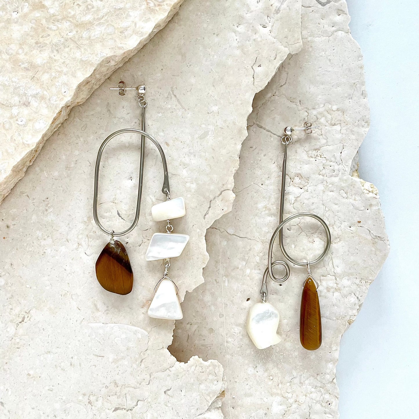 OOAK - Mother of Pearl, Tiger Eye, German Silver Frames with Sterling Silver Earrings